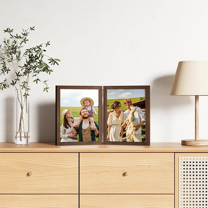 decorUhome Double 8x10 Picture Frame Vertical, Engineered Wood Bifold Photo Frame with Plexiglass for Tabletop Display, 8x10, Brown