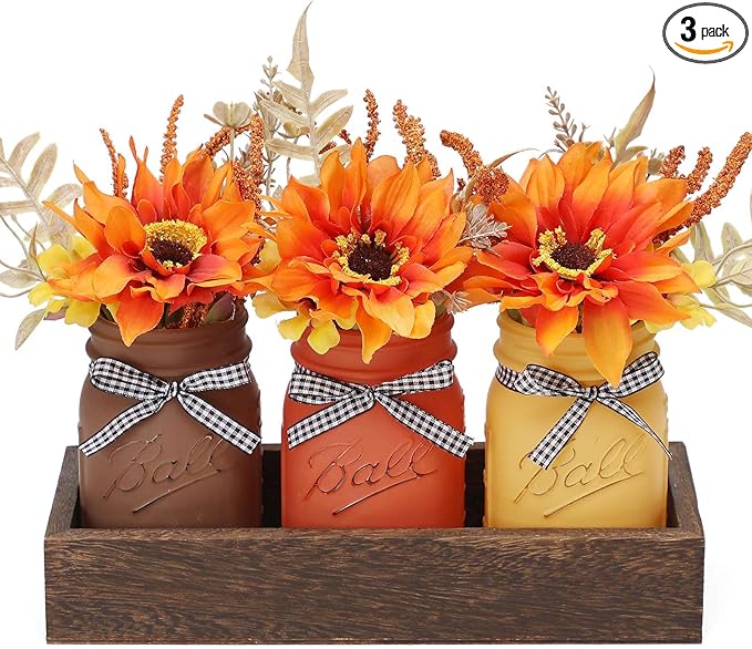 Fall Mason Jar Centerpiece for Table with Artificial Flowers, Set of 3 Thanksgiving Mason Jars Farmhouse Painted Decorative Jars for Thanksgiving Fall Home Decor, Thanksgiving Dinner Table Centerpiece