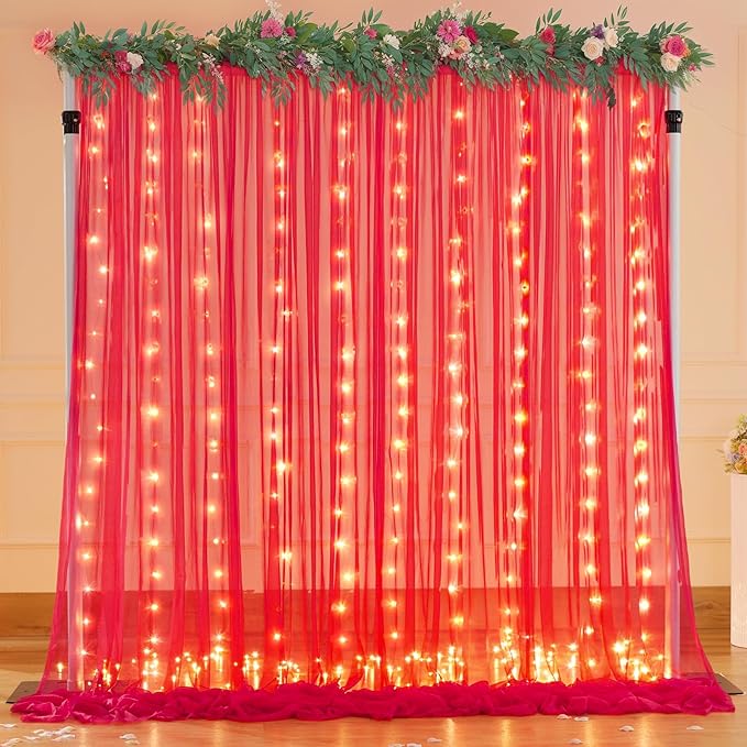 30×10ft Red Tulle Backdrop Curtain with Lights String for Parties, Sheer Photo Backdrop Curtains for Wedding Party Photography Background