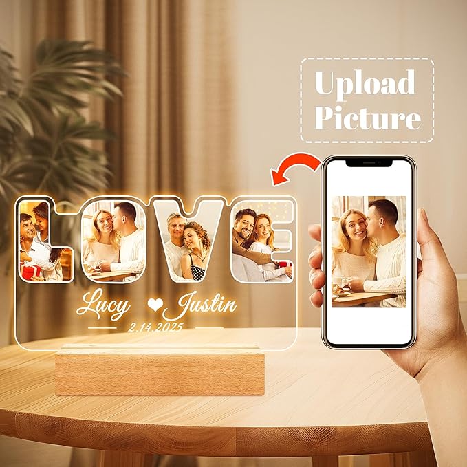 Custom Picture Frames with Photos, Personalized Photo Frame with Night Light, Customized Picture Frame, Personalized Anniversary Wedding Gifts for Women Men Her Him Boyfriend Girlfriend Couples