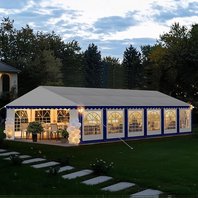 PHI VILLA 40 ft. x 20 ft. Large Outdoor Canopy Wedding Party Tent with Removable Side Walls & 7 Storage Bags, White with Blue Stripes