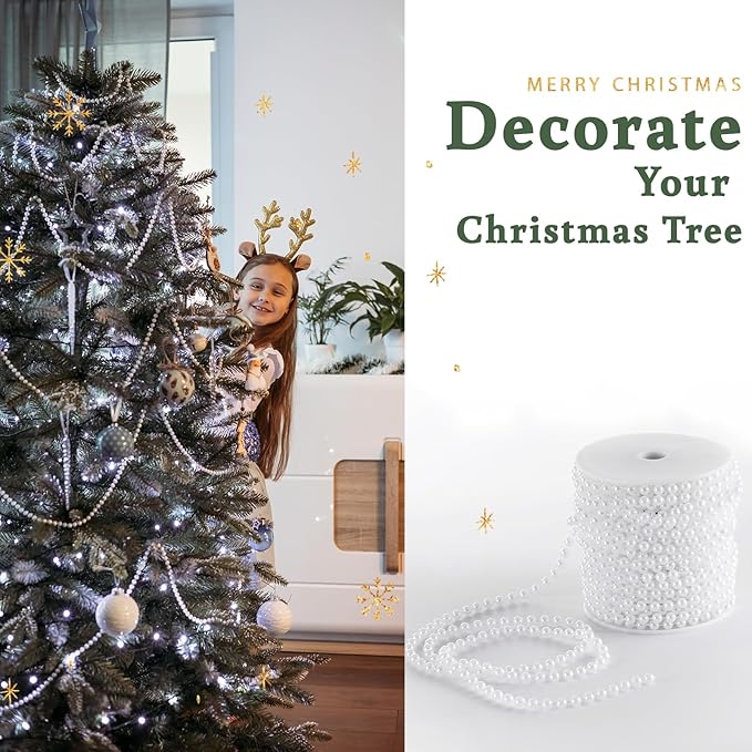 XINHUIDALSQ Craft String of Pearls 6 MM Faux Pearl Beaded, 66 Feet White Garland Bead String for Christmas Tree Decoration, Wedding Party Decoration (White, 6mm/20M)