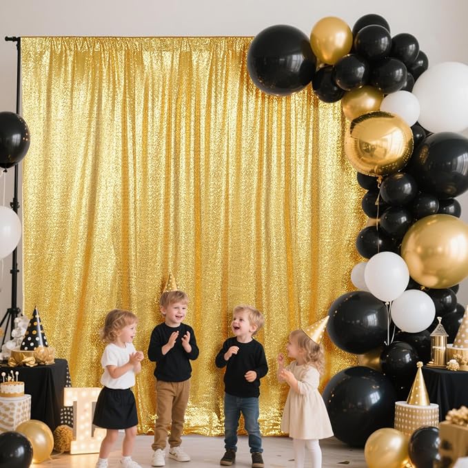 SquarePie Sequin Backdrop Less See Through Thick Background for Photography Glitter Curtain Party 7FT x 7FT Gold