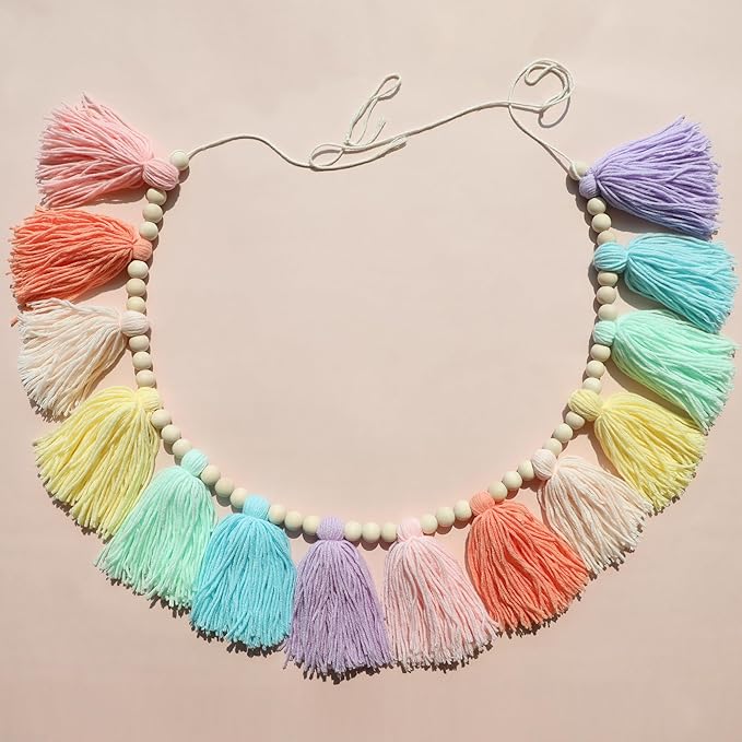 Pastel Rainbow Boho Tassel Garland Wall Hanging with Wood Beads for Baby Shower Birthday Party Classroom Dorm Nursery Decor