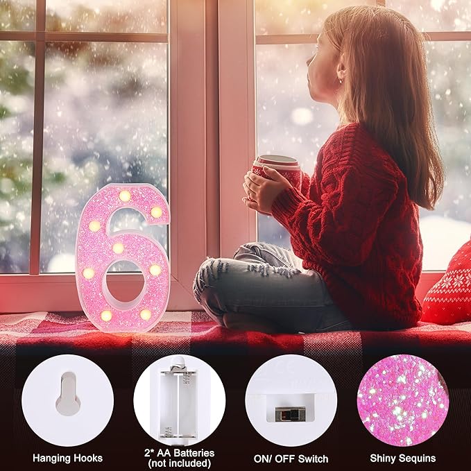 Foaky Pink Light up Letters，Pink Party Decorations,Girls Room Decor,Glitter Marquee Numbers,Alphabet Letter Sign for Night Light Birthday Party Girls Gifts, Home Bar Decoration (6)