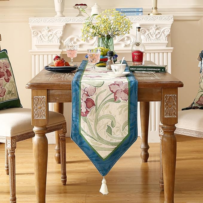 patdrea Designer Elegant Bright Linen Table Runner 71 Inch Long, Mauve Iris Floral Pattern Table Mat, Decoration for Kitchen Dining Table Coffee Table Shelf Cabinet Banquet Christmas ,12"*71"