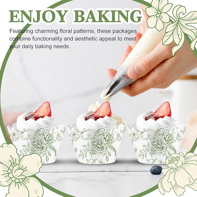 Domensi 100 Pcs Cupcake Wrappers Rustic Cupcake Liners Baking Cups Baking Liners for Wedding Bridal Baby Shower Birthday Party Supplies Dessert Decoration(Green, Floral)