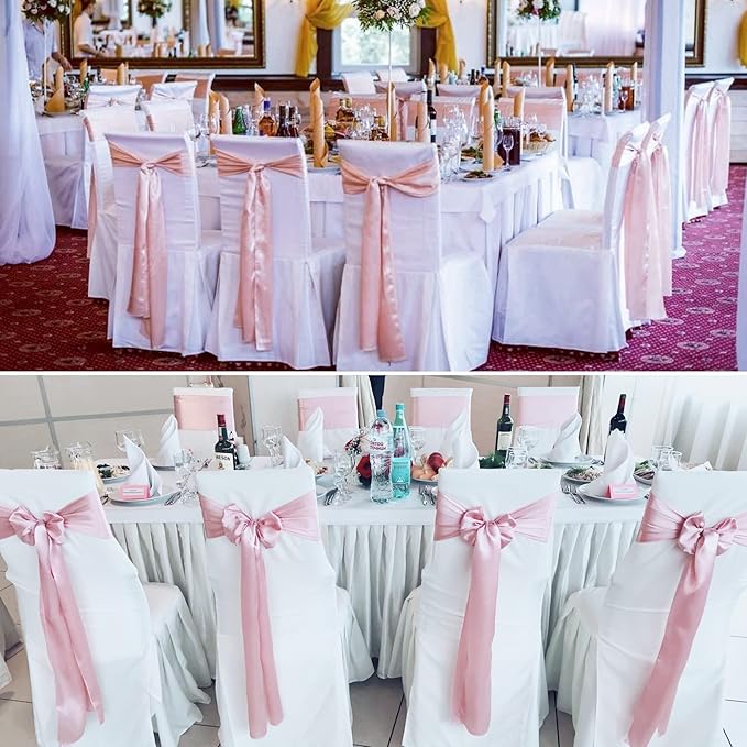 50 PCS Satin Chair Sashes Bows Decorative Universal Chair Cover Chair Ribbon Ties Back Sash for Wedding Birthday Party Ceremony Reception Banquet Event Restaurant Kitchen Decor(7x108 inch,Rose Gold)