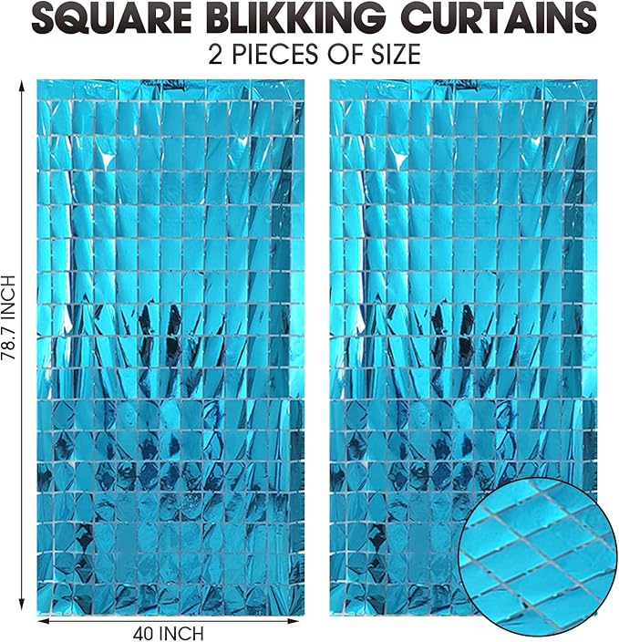 2 Pcs Blue Foil Fringe Square Curtain Backdrop - Blue Streamers Party Decorations, Sequin Square Curtain Photo Wall Backdrop Props for Under The Sea Birthday Ocean Beach Party Decor, 3.3 x 6.6 Ft