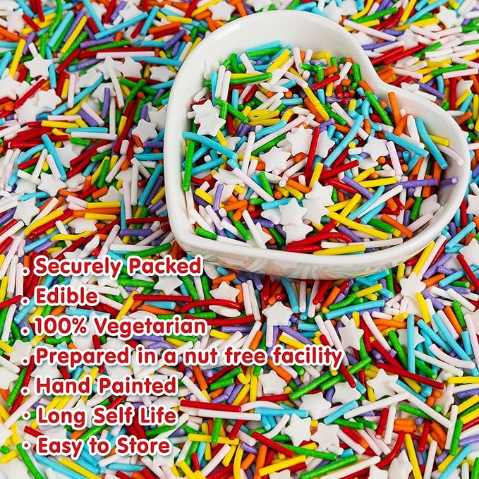 Edible Rainbow Sprinkles for Cake Decorating,White Stars Candy Mix Colored Jimmies,100g/3.53oz,Dessert Decorations,Cupcake,Cookies,Ice Cream Topper,Colorful Pastel Sprinkle for Cake Decorating,Perfect For Birthday Party,Festival Baking Supplies