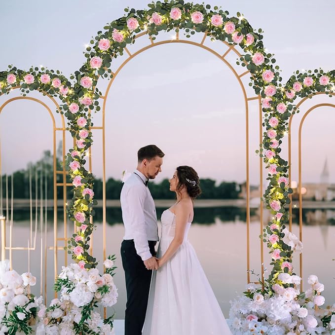 MACTING 2 Pack 13.2FT Eucalyptus Garland with Lights - Spring Gypsophila Flower Garlands with 24 Pink Roses Artificial Floral Greenery Vines for Arch Table Centerpieces Backdrop Party Wedding Decor
