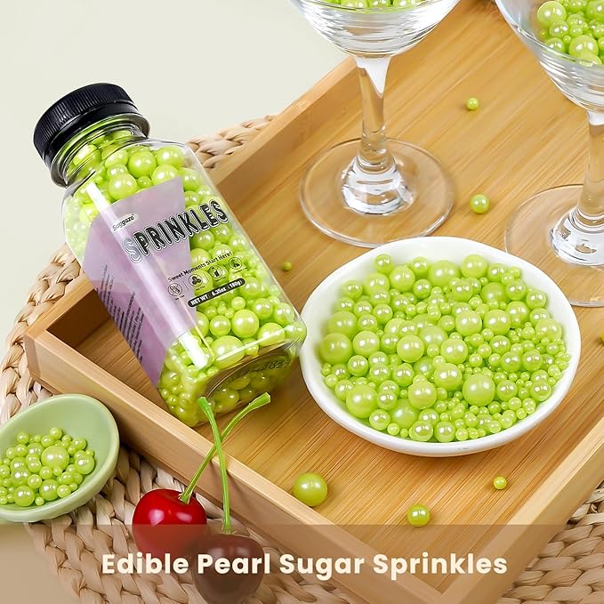Edible Green Pearl Sprinkles, Sugar Pearls for Cake Decorating, 180g/6.35oz, Cupcake Toppers, Baking Cake Decorations, Cookie Decoration, Wedding Party Chirstmas Halloween Supplies