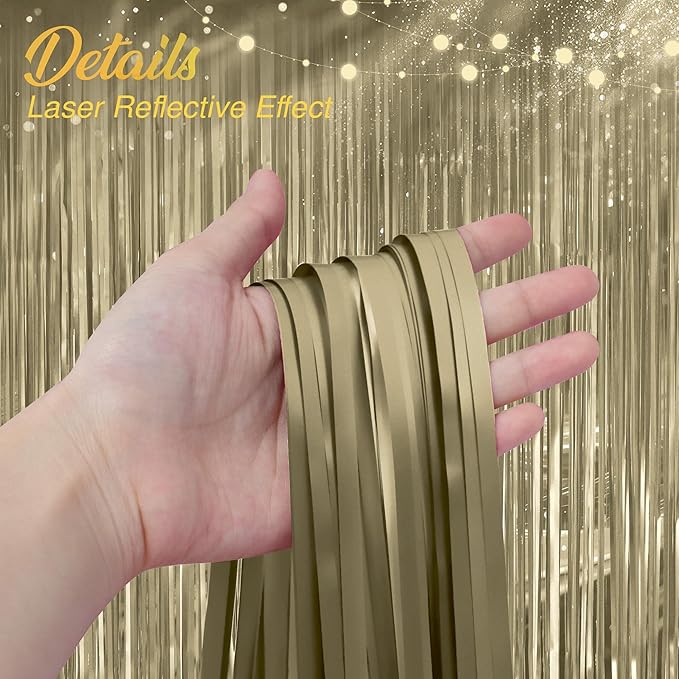 2 Pack Metallic Champagne Gold Fringe Backdrop, 3.2x8.2ft Shining Foil Tinsel Curtains, Birthday Party Decorations Door Streamers for Halloween, Christmas, Wedding, Graduation, Holiday, Theme Events
