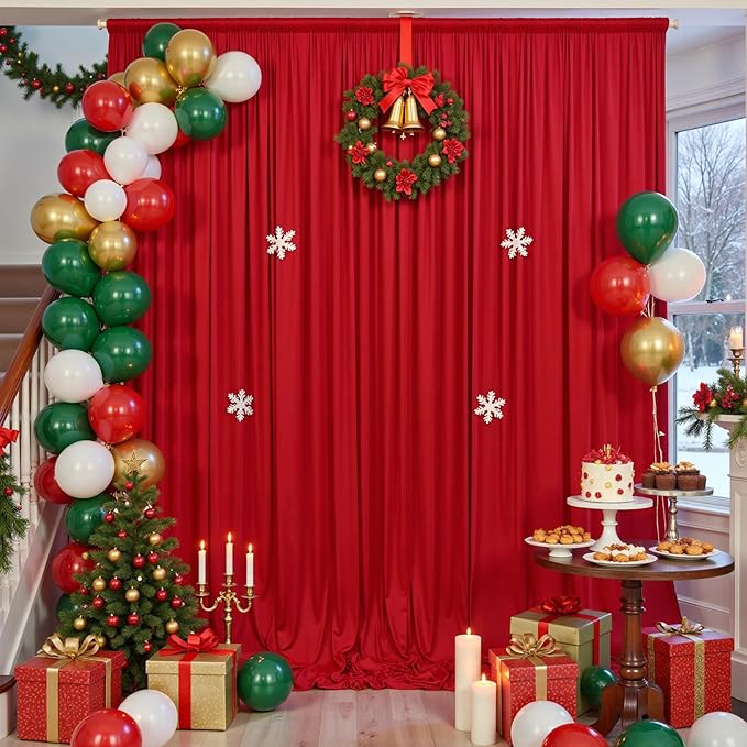 20×12ft Wrinkle Free Red Backdrop Curtain for Wedding Parties,4 Panels 5×12ft Long Soft Silky Polyester Backdrop Drapes Red Photo Back Drop Curtains for Photography Stage Christmas Background Cloth