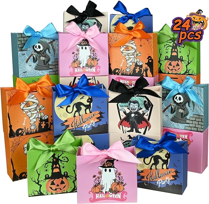 24PCS Halloween Goodies Bags, Trick or Treat Candy Gift Paper Bags Bulk with Ribbons, Halloween Treat Boxes for Kid, Party Favor, Classroom Exchange, Home Decoration 4.5 x 3.9 x 1.7 Inches