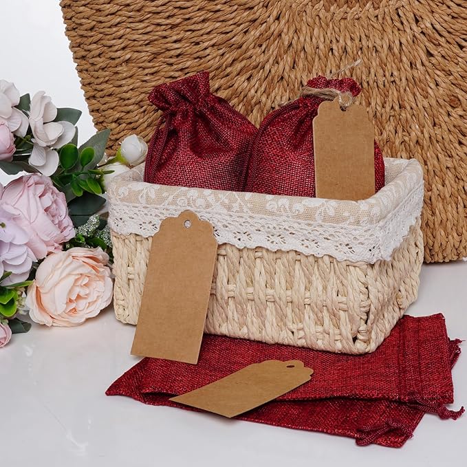 Yymobt 25PCS Burlap Bags with Drawstring, Reusable Burlap Favor Bag 5x7’’ Small Party Sacks for DIY Craft, Party, Christmas, Wedding, Festival Presents Bulk Bags（Red）