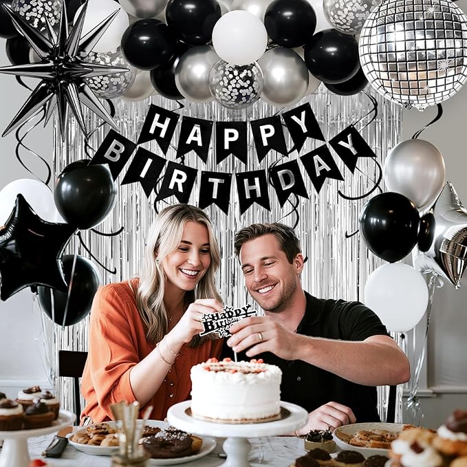 33rd Birthday Decorations for Men Women, Black Silver Happy Birthday Party Decorations， 33 Year Old Party Supplies with Number 33 Balloons, Banner, Fringe Curtains Kit