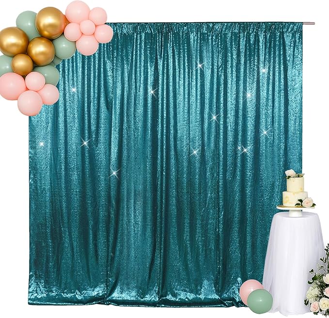 SquarePie Sequin Backdrop Less Transparent Background Sparkly Curtain for Wedding Party 8FT x 8FT Teal