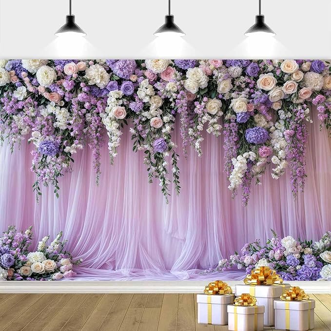 7x5ft Purple Lavender Floral Bridal Backdrop Wedding Flower Photography Backdrop for Girl Portrait Baby Shower Birthday Party Decor Banner Mother's Day Party Wall Backdrop Studio Photo Backgrounds
