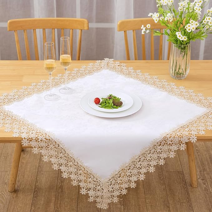 Beige lace Premium Square Farmhouse Tablecloth Waterproof OilProof SpillProof AntiShrink Soft Wrinkle Resistant Decorative Fabric Table Cover Kitchen Dinning Party Wedding Banquet