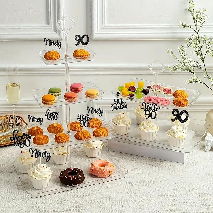 Gyufise 30Pcs Happy 90th Birthday Cupcake Toppers Black Glitter Ninety Cheers to 90 Years Old Birthday Cupcake Picks for Happy 90th Birthday Anniversary Party Cake Decorations
