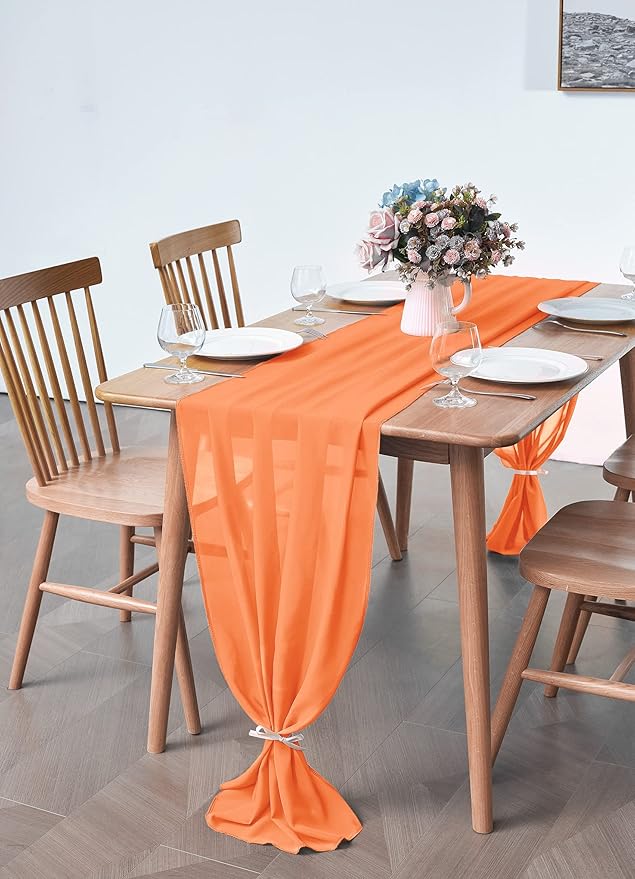 2 Pack 10Ft Chiffon Orange Table Runner Sheer 29x120 Inch for Romantic Wedding Decor Bridal & Baby Shower Birthday Rustic Party Decoration