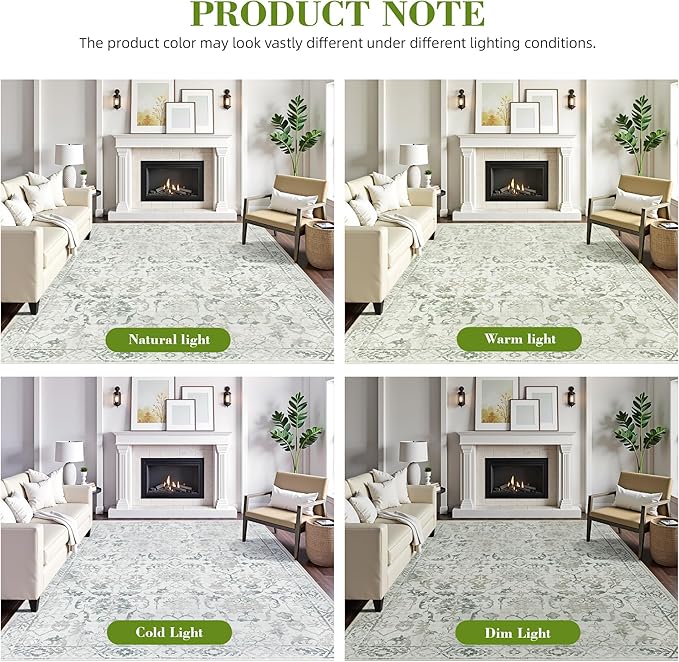 Green Vintage Area Rug 5x7 for Living Room Bedroom, Washable Distressed Farmhouse Soft Thin Non-Shedding Indoor Throw Rug, Traditional Accent Carpet for Bedroom Office