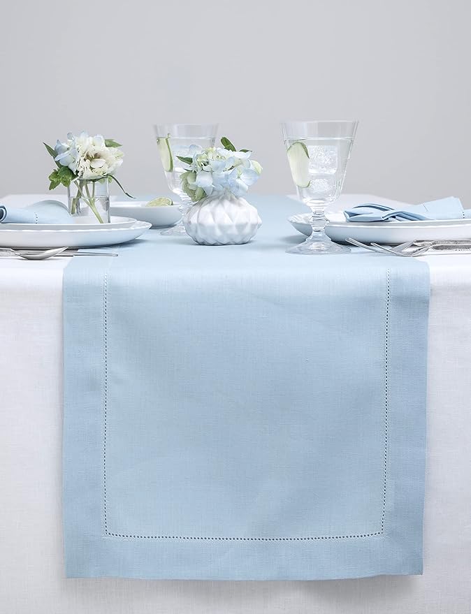 Solino Home Linen Sky Blue Table Runner 120 Inches Long - 100% Pure Linen Hemstitch 14 x 120 Inch Table Runner for Dining, Holiday - Classic Hemstitch