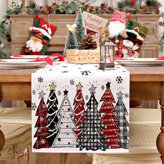 GEEORY Christmas Table Runner 13x90 Inch, Xmas Tees Snowflakes Holiday Decorative Farmhouse Table Decoration for Kitchen Dinning, Indoor Outdoor Dinner Party Decor ((Red & Black) GT165-90