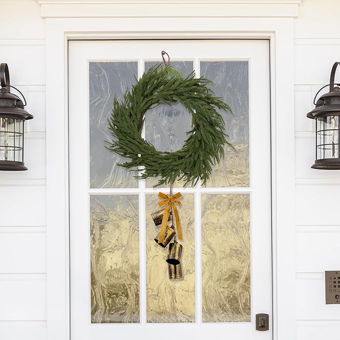 2 Pcs 6FT Christmas Garlands Norfolk Pine Garland - Real Touch Winter Pine Garland, Artificial Norfolk Tree for Indoor Outdoor Holiday Decor, Fireplace Mantel, Door, Porch (Yellow Bell)