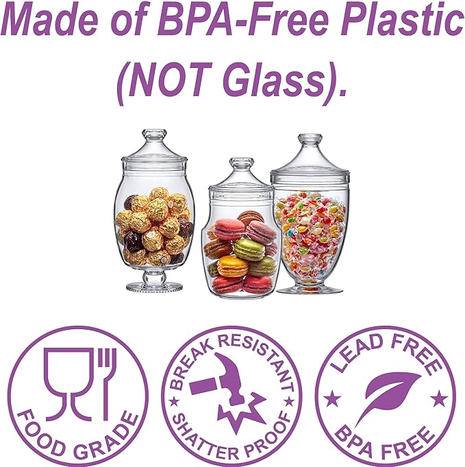 Amazing Abby - Keep - Acrylic Apothecary Jars (3-Piece Set), Plastic Jars with Lids, Bathroom Canisters, Vanity Organizers, Candy Buffet, Wedding Display, BPA-Free and Shatter-Proof (NOT Glass)