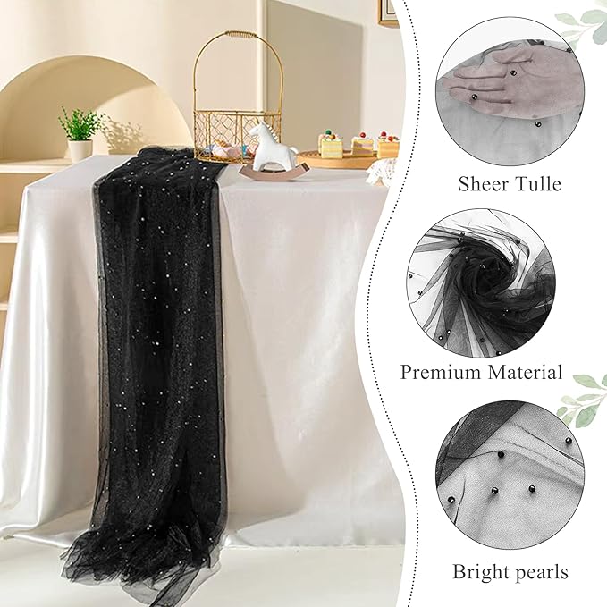Set of 6 Pearl Table Runner 29 x 120 Inch Tulle Fabric Lace Table Runners Boho Rustic Tablecloth for Bridal Shower Birthday Party Wedding Arch Aisle Veil Dessert Table Decor(Black)