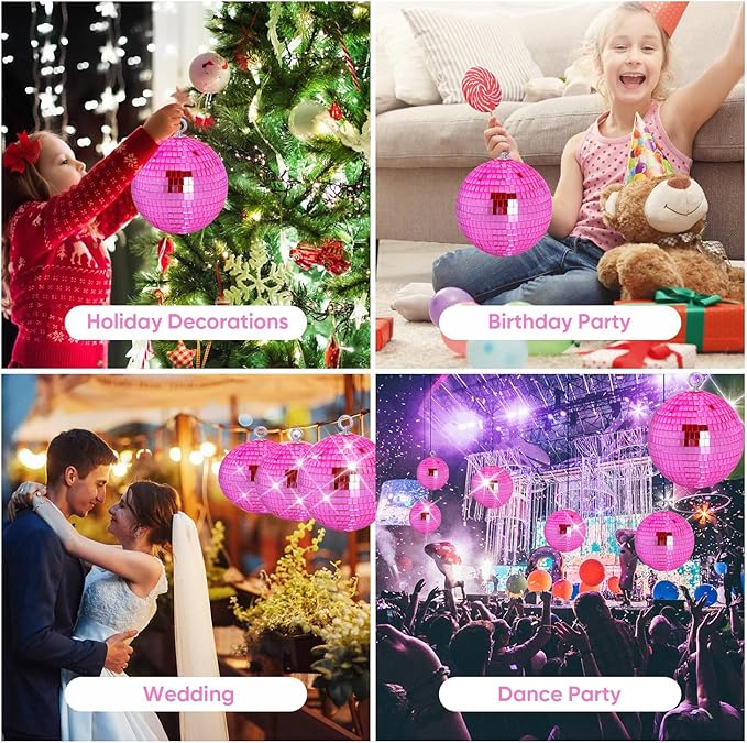 Pink Mirror Disco Ball 6 inch Small Reflects Light Mirror Ball with Hanging Rings for Party Decorations, 70s Theme Party, Christmas Decorations, DJ, Wedding, Birthday