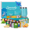Tea Gifts for Women – Sampler Gift Basket with 15 Unique Blends, Honey Sticks, Stainless Tumbler & Gift-Ready Box (Teal)