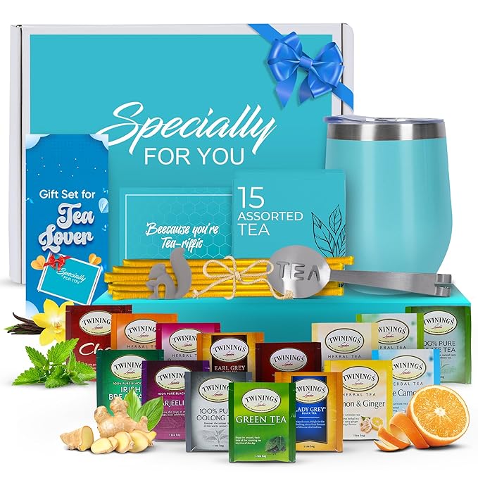 Tea Gifts for Women – Sampler Gift Basket with 15 Unique Blends, Honey Sticks, Stainless Tumbler & Gift-Ready Box (Teal)