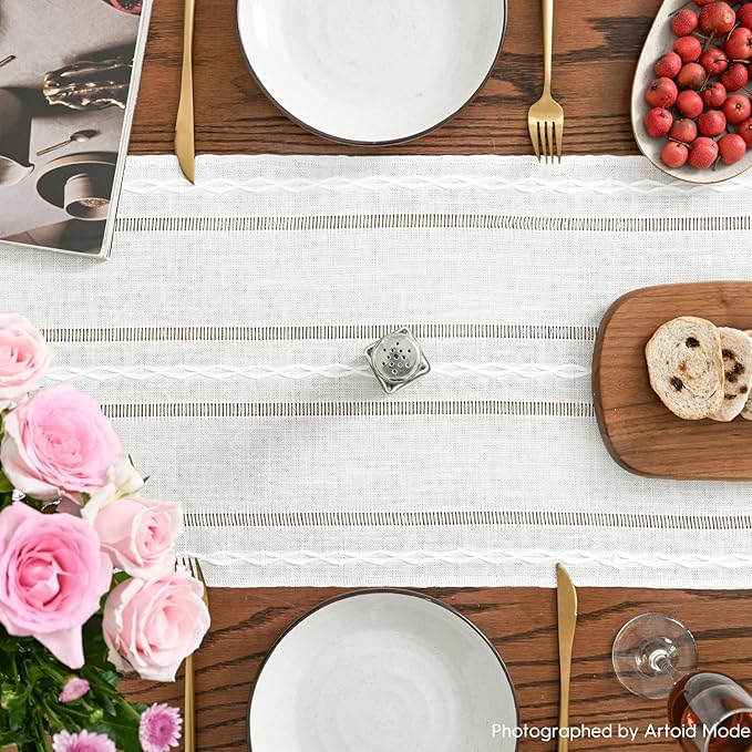 Artoid Mode Rustic Cotton Linen Table Runner, Seasonal Embroidered Hollow Kitchen Dining Table Decoration for Home Party Decor 13x60 Inch