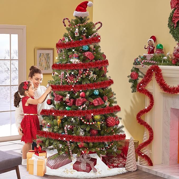 25 Feet Metallic Twist Tinsel Garland - Wall Hanging Backdrop for Parade Floats, Christmas Eve, New Year, Valentine's Day Parties (Red, 4in x 25ft)