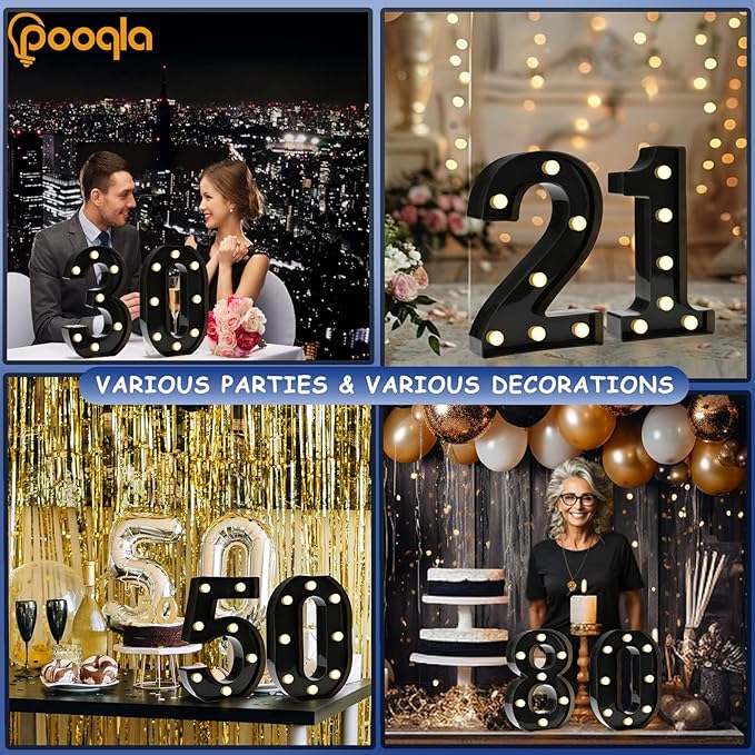 Pooqla Decorative Led Light Up Number Letters, Black Plastic Marquee Number Lights Sign for 75th Birthday Party Wedding Decor Battery Operated Black Decoration 75