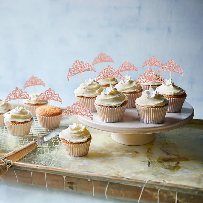 Gyufise 24Pcs Rose Gold Princess Crown Cupcake Toppers Glitter Princess Cake Pick Decorations for Wedding Girl Birthday Baby Shower Party Decorations