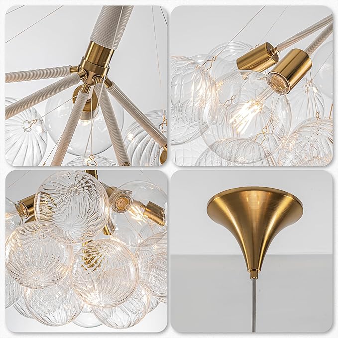 Mid-Century Bubble Globe Chandelier, White and Gold 6 Lights Dia 24" Swirled Glass Chandeliers for Bedroom, Study, Kitchen Island, Dining Room