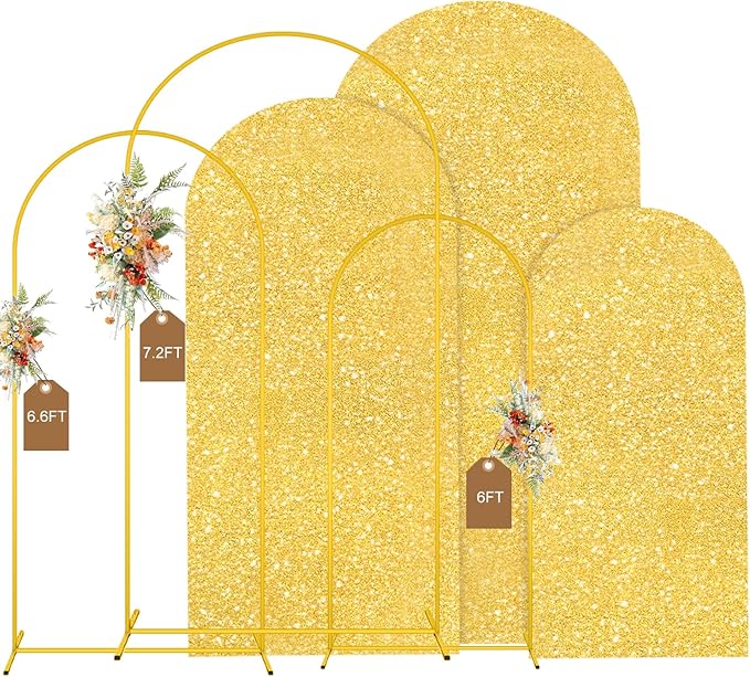 MODFUNS Metal Arch Backdorp Stand and Cover Set 6&6.6&7.2ft Gold Sequins Arch Backdrop Cover Set of 3 Golden Arched Backdrop Stand Wedding Arch Frame for Birthday Party Banquet Decoration