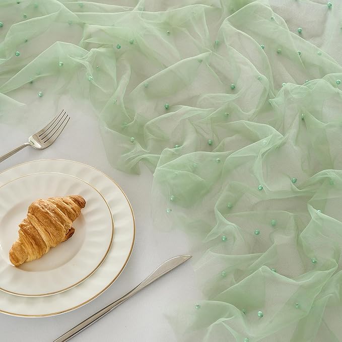 Fanami 6 Pack Pearl Table Runner -10FT Sage Green Boho Tulle Table Runners 120 Inches Long Rustic Sheer Lace Fabric Centerpieces for Wedding Arch Birthday Party Bridal Veil Baby Shower Decorations