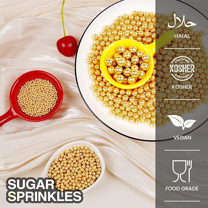 Gold Edible Sugar Pearl Sprinkles for Cake Decorating, Candy Pearls Sprinkles for Cupcake, Cookie, Baking Cake Decorations, 4 sizes, 160g/5.64oz, Holiday, Wedding Party, Christmas Supplies