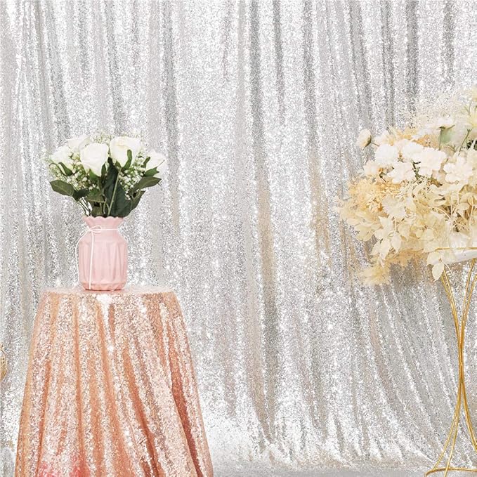 Eternal Beauty Silver Sequin Backdrop, 7x7 Ft Glitter Background Curtains for Shimmer Photography Party Wedding Birthday Back Drop Decor