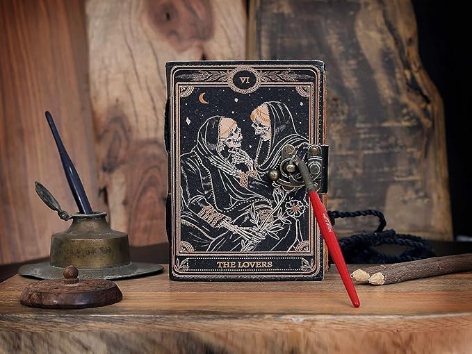 C CUERO Book of Spells Leather Journal Deckle Edge Paper Grimoire Printed Journal The Lovers Tarot Notebook Spiral Gothic Notebook Skull lover Antique Vintage Leather Journals for Men and Womens 10