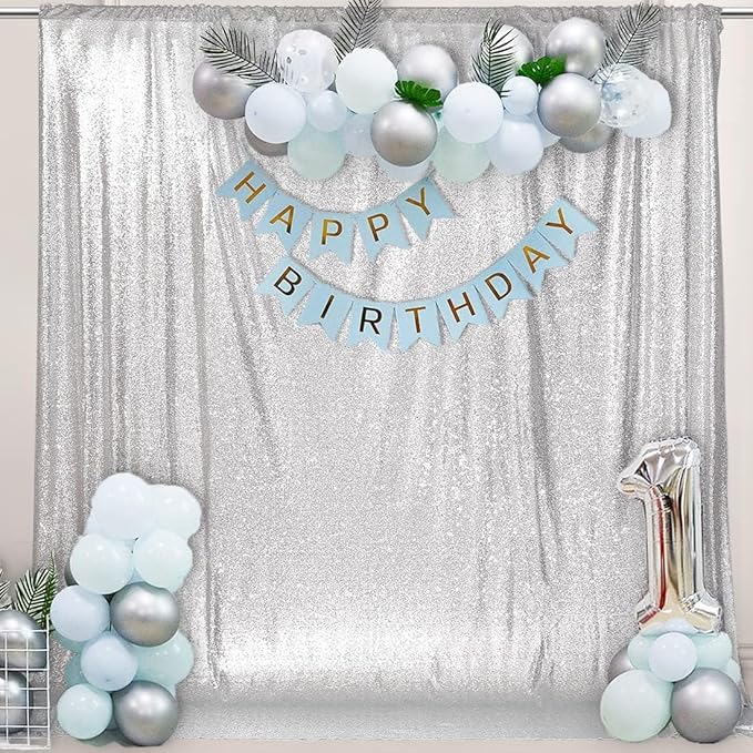 PartyDelight Sequin Backdrop Silver 6Ft x 8Ft Photograph Wedding Curtain Special Events