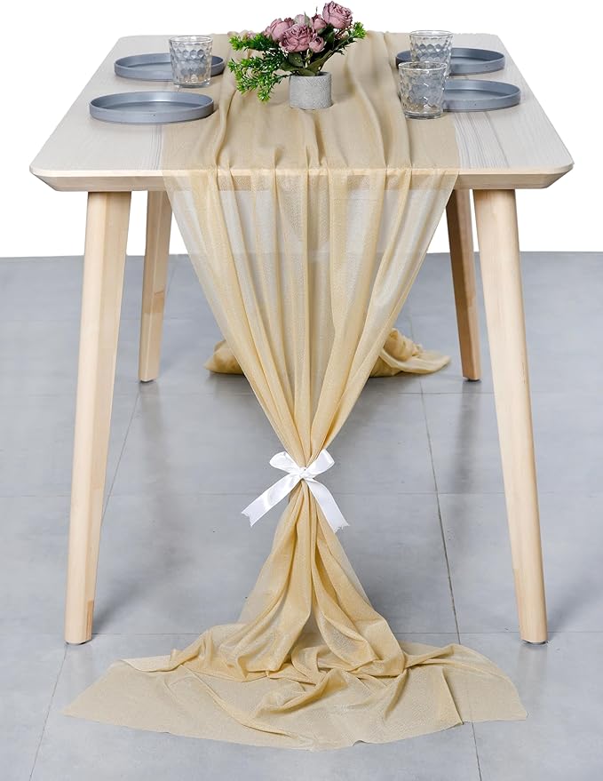 MDS Halloween Chiffon Table Runner - 15 Pack, 29 x 170 Inches, 14ft Each - Sheer Spooky Table Runners for Haunted House Parties, Trick-or-Treat Tables, Witchy Décor, Wedding & Events - Champagne Gold