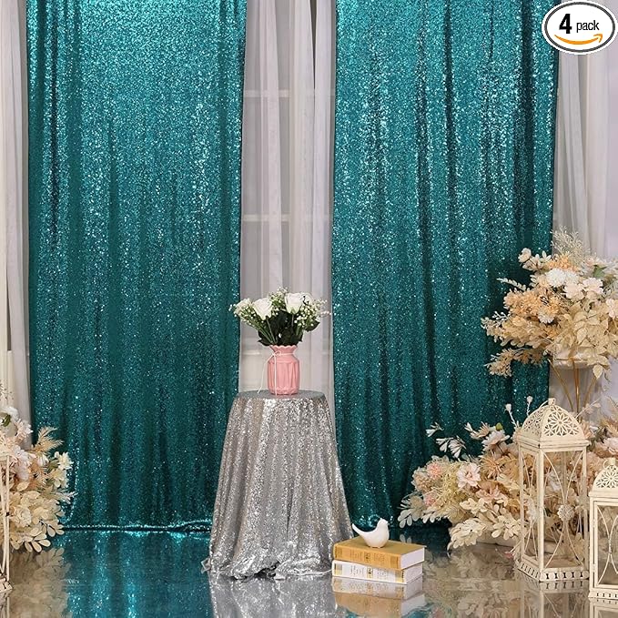Poise3EHome Teal Sequin Backdrop Curtains, 4 PCS 3FT x 8FT Sequin Panels for Backdrop,Sequence Wedding Party Background Drapes