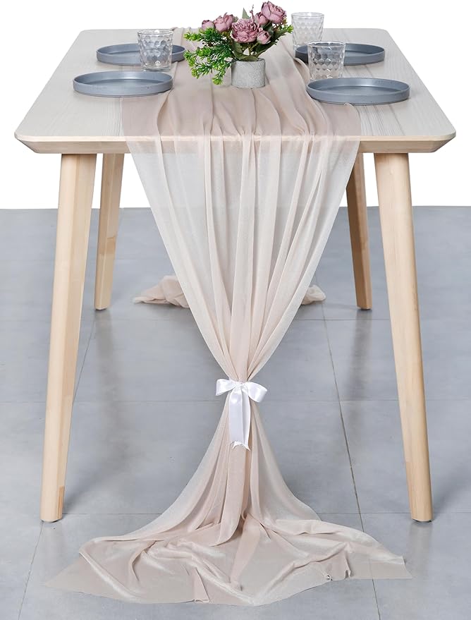 MDS 20 Pack 10ft Chiffon Table Runner 29 x 120 Inches Sheer Wedding Runner Romantic Rustic Table Runner for Wedding Decorations, Birthday Parties, Bridal Shower Party Arch Decor - Nude