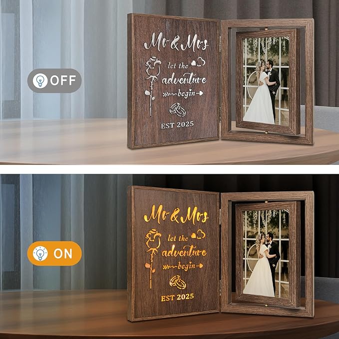 Light Up Wedding Photo Frame Gifts for Couples 2025 - Rotating Glowing Picture Frame Mr and Mrs Bridal Shower Gifts for the Bride Newly Wed Couple - Vintage Decor Holds 2 4x6 Photos
